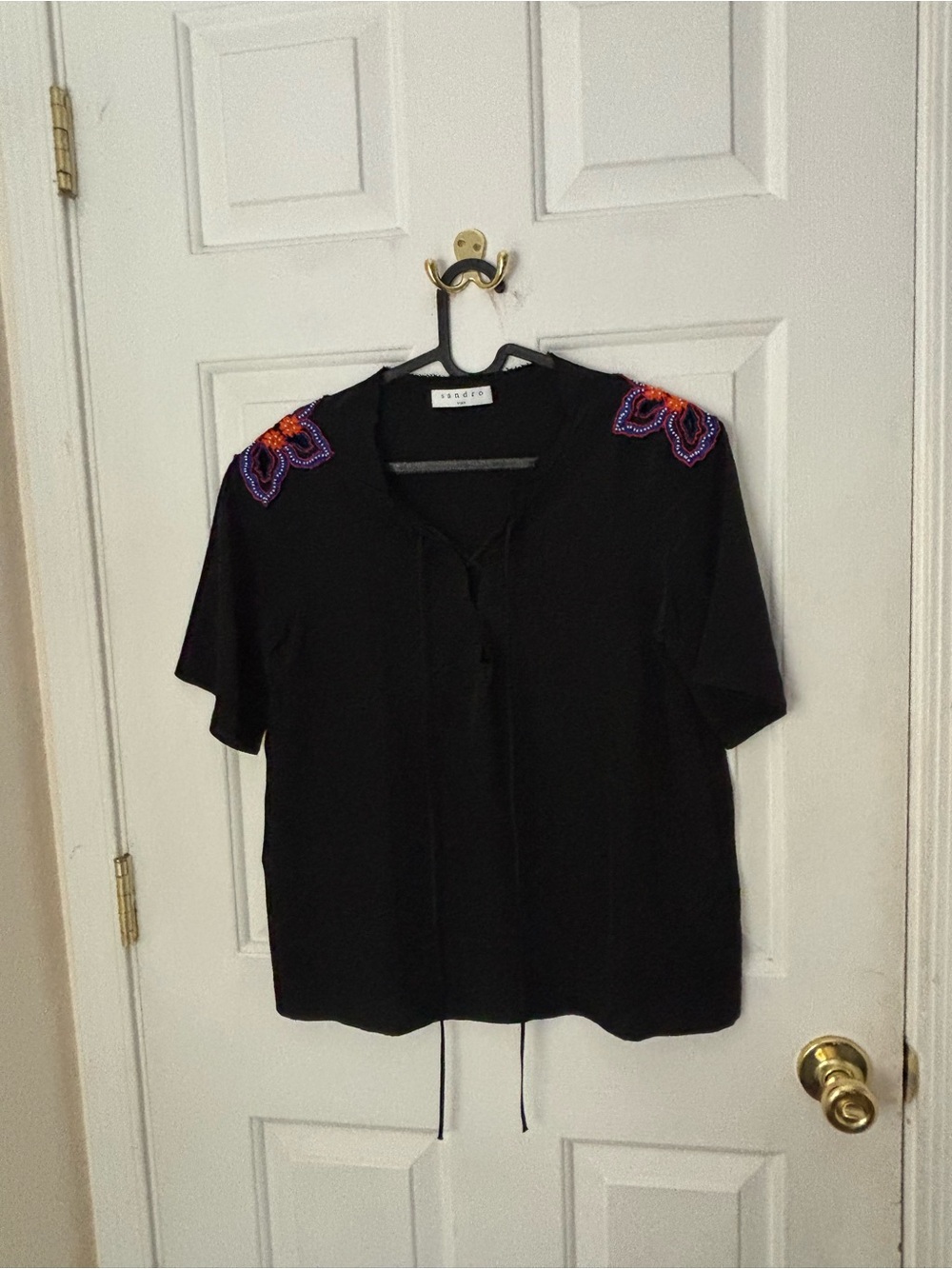 Black Beaded-Shoulder V-Neck Blouse by Sandro